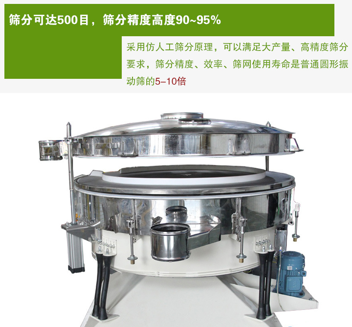 搖擺篩分機(jī)采用仿人工篩分原理，可以滿足大產(chǎn)量、高精度篩分 要求，篩分精度、效率、篩網(wǎng)使用壽命是普通圓形振 動篩的5-10倍